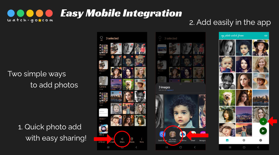 Adding photos from the gallery or share menu — My Photo Watch Frame screen example.