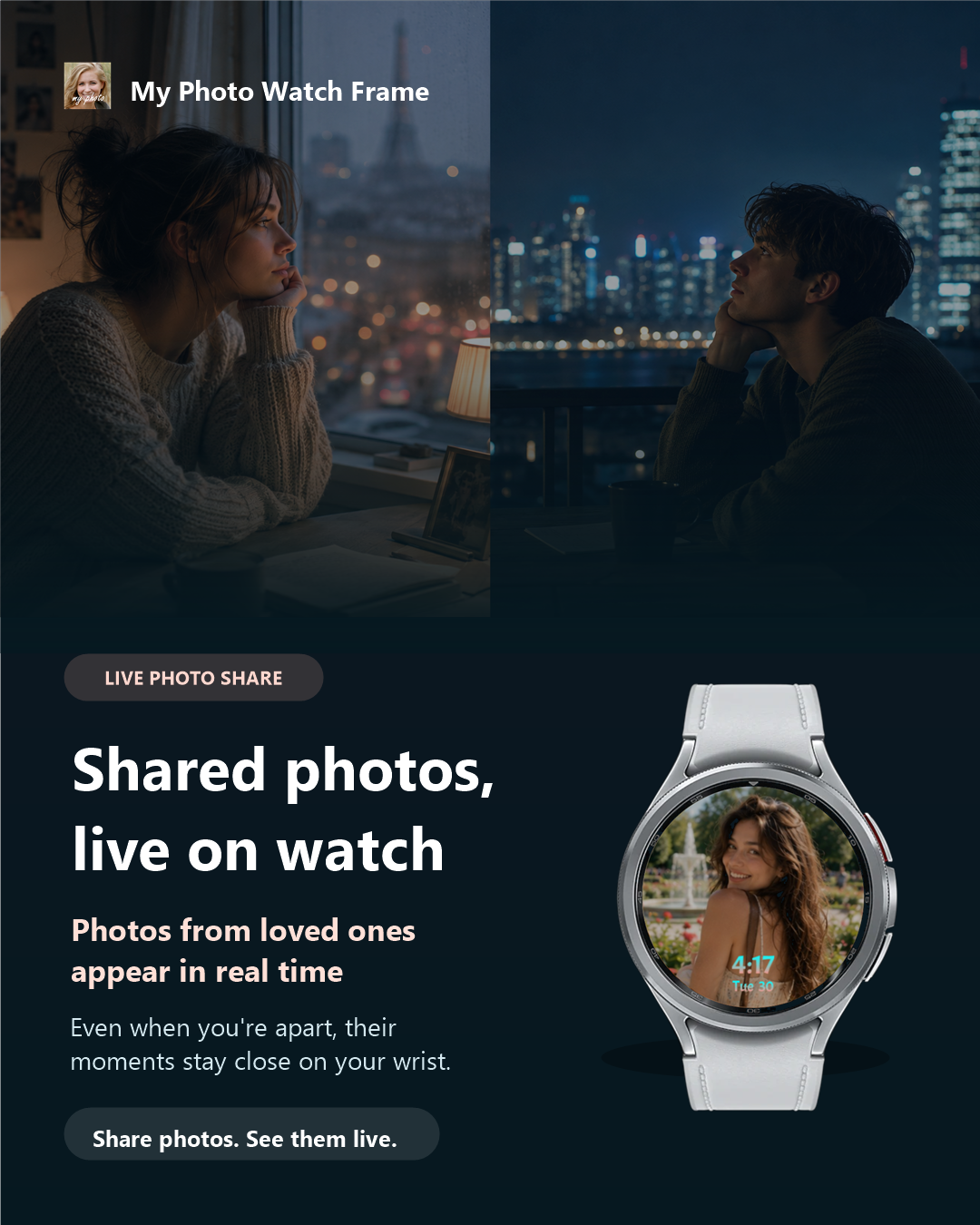Live Photo Share: photos shared by a loved one appear live on your Wear OS watch