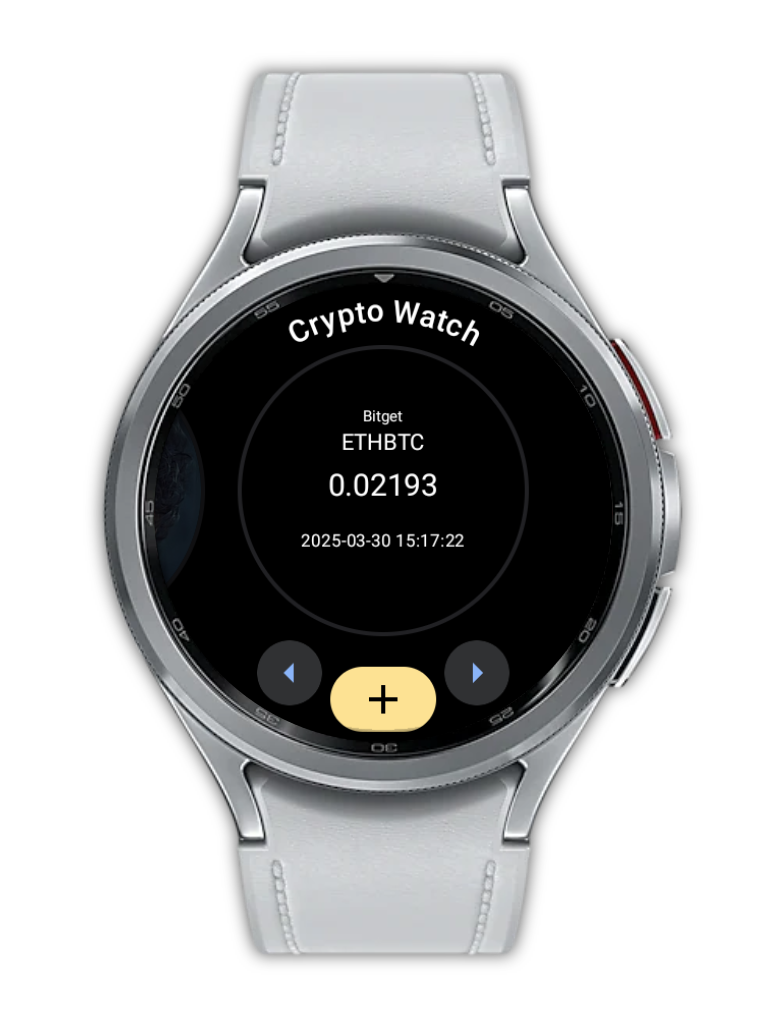 Crypto Watch Wear OS app showing a coin price with previous and next arrows to swipe between coins