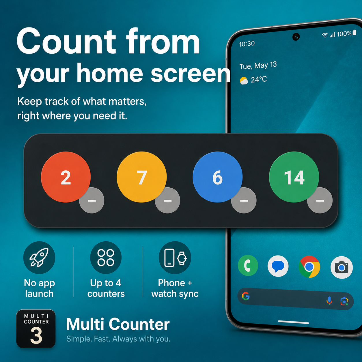 Multi Counter mobile home-screen widget with four counters