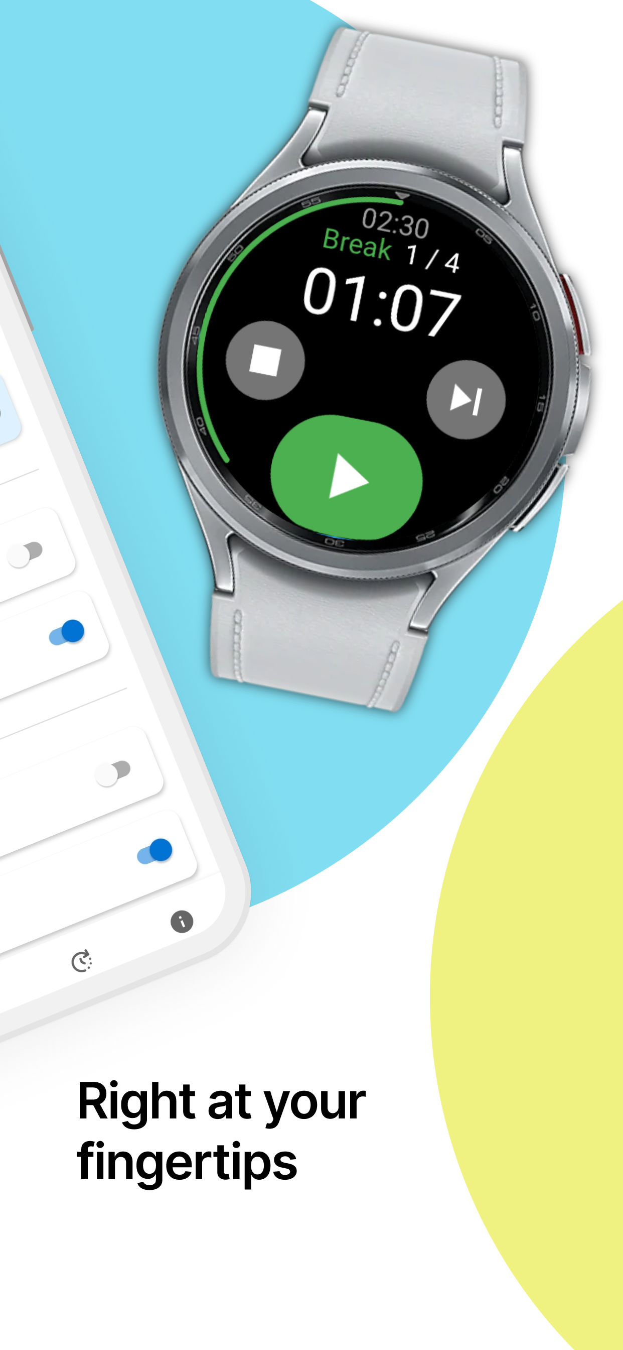 Pomodoro Watch Wear OS Tile with start, stop, and next buttons