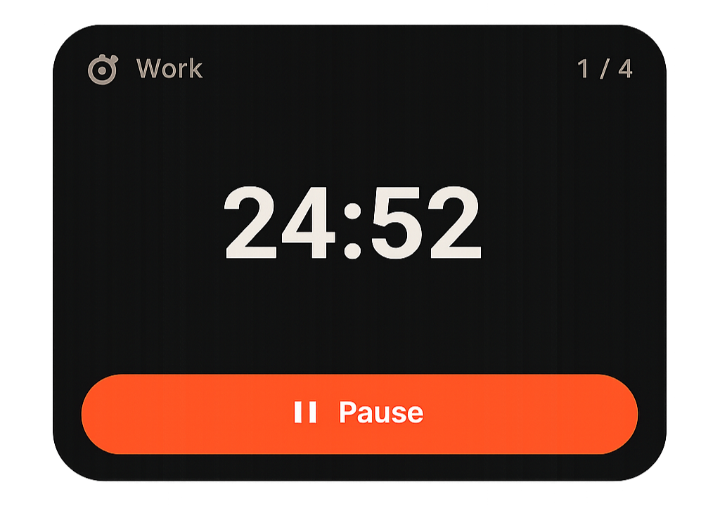 Pomodoro Watch home-screen widget showing a running work timer with a pause button